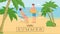 Romantic seaside vacation vector banner. Happy couple on honeymoon trip drinking cocktails on beach. Hello summer phrase