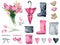 Romantic set of elements for card create. Sweet candies, tulips flowers bouquet, pink boot, umbrella, textile hearts, gift box, wa