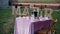 The romantic setting, from the green meadow, under the rustic background of the beautifully decorated table, with