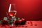 Romantic setup Red roses and an empty wine glass on a red backdrop