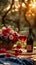 Romantic setup Valentines Day picnic outdoors with wine and roses