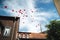 Romantic shot of red love heart balloons rising to sky. Group of launched helium inflated balloons above roof of