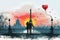 Romantic Silhouette: Couple with Heart Balloon Overlooking Paris at Sunset