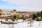 Romantic snowy colorful autumn Prague with gothic Castle