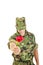 Romantic soldier in military uniform offering red rose