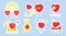 Romantic stickers with red happy hearts. Vector sticker sheet for Valentines day with cute heart characters. Love and