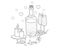 Romantic still life and lettering `with love` - a linear vector picture for coloring or postcard. Outline. Bottle and glasses with
