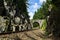 Romantic stone bridge over railway in beautiful forest, Czech republic