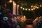 Romantic string light garlands in outdoor, a cozy evening in flower yard of the house. Decoration of the wedding street interior