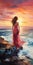 Romantic Sunset Beach Painting: Woman In Crimson, High Resolution Artwork