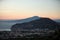 Romantic sunset in the Gulf of Naples and Vesuvius. Sorrento.