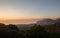 Romantic sunset in the Gulf of Naples and Vesuvius. Sorrento