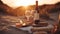 Romantic sunset picnic wine bottle, glasses, bread, fruit, relaxation