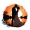 Romantic Sunset Silhouette Of Bride And Groom - Vector Illustration