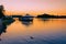 Romantic sunset at Street terraced cafe on Galve Lake Trakai