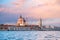 Romantic sunset in Venice, Italy. Punta della Dogana and Santa Maria della Salute with canale Giudecca in front.