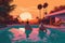 romantic swimming back honeymoon sunset relax travel vacation couple pool. Generative AI.