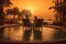 romantic swimming couple travel relax back honeymoon vacation sunset pool. Generative AI.