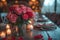 Romantic table setting with candles with rose petals, a heart shaped decoration and a vase filled with roses. Bokeh lights of
