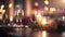 Romantic table setting with candles and roses in restaurant. Selective focus