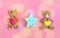 Romantic Teddy bear, gingerbread heart on trendy pink background. Happy Valentine`s Day, Mother`s Day, March 8, World Women`s Day