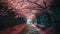 The romantic tunnel of pink flower trees. Generative AI