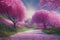 Romantic tunnel of pink sakura blossom trees in the spring, generative AI