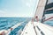 Romantic vacation. Young man and woman enjoying view on cruise ship deck