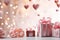 Romantic Valentine's Day background with floating hearts and pink gifts.by Generative AI