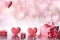 Romantic Valentine's Day background with floating hearts and pink gifts.by Generative AI