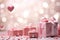 Romantic Valentine's Day background with floating hearts and pink gifts.by Generative AI