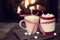 Romantic Valentine`s Day Fireplace Scene with Red and Pink Cocoa Mugs tied by Hearts Ribbon