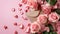 Romantic Valentine\\\'s Day, Pink Roses, Love Note in Envelope, Heart Shapes on Soft Pink Pastel Background, Ai generative