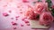 Romantic Valentine\\\'s Day, Pink Roses, Love Note in Envelope, Heart Shapes on Soft Pink Pastel Background, Ai generative