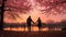 A romantic Valentine\\\'s Day scene, a couple holding hands in a serene park.