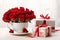 Romantic Valentines Day Gift. Vibrant Red Roses, Ribbon, and Coffee Cup on Light Background