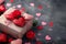 Romantic Valentines scene gift box, red hearts, roses concept