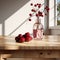 Romantic Vase Of Red Cherries On Wooden Table - Vray Tracing