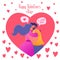 Romantic vector illustration on love story theme. Couple in love, they embrace and kiss. Admit each other in love.