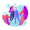 Romantic vector illustration on love story theme. Happy flat people character. Couple in love, they embrace and kiss. H