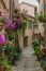 Romantic view of Spello medieval village with flowering balcony in Umbria