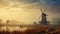 A romantic view of the windmill in the fog of the early morning