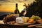 Romantic Vineyard Picnic With Wine And Cheese During Sunset in Picturesque Countryside