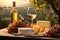 Romantic Vineyard Picnic With Wine And Cheese During Sunset in Picturesque Countryside