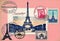 Romantic vintage Paris postcard design with postage stamps around famous landmarks