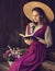 Romantic Vintage Woman reading Book. Women Bible Study over dark Wooden Background. Victorian Era Portrait in Summer Straw Hat