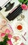 Romantic vintage writing scene with old typewriter overhead on marble table.