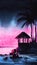 Romantic watercolor landscape of secluded resort. Exotic view of thatched-roofed bungalow, dark silhouettes of palms and rocky