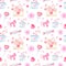 Romantic watercolor seamless pattern with pink hearts, roses, bows, candies, lollipops, circles on a white background.