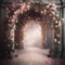 A romantic wedding archway adorned with lush pink roses in the midst of a peaceful rural landscape